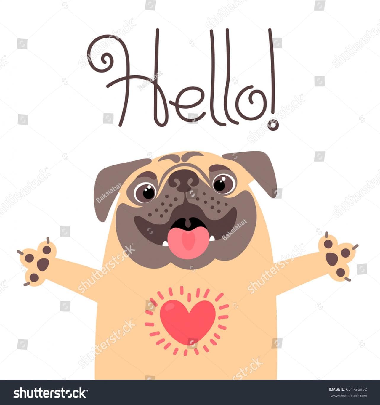 stock vector greeting card with cute dog sweet pug says hello vector illustration 661736902